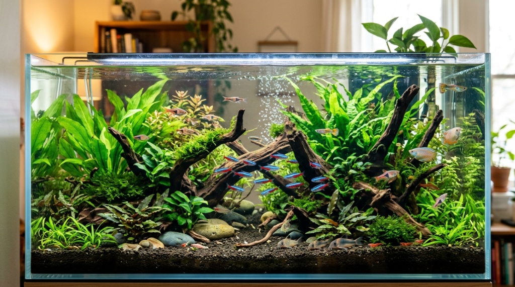 Person checking tank water quality using an aquarium test kit.