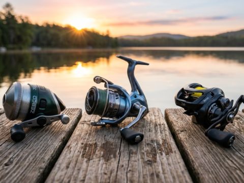 Three different types of fishing reels laid out on a wooden dock.