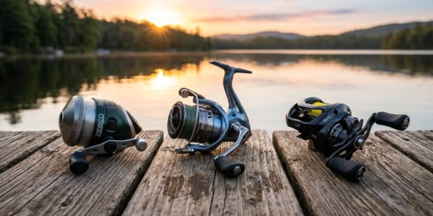 Three different types of fishing reels laid out on a wooden dock.