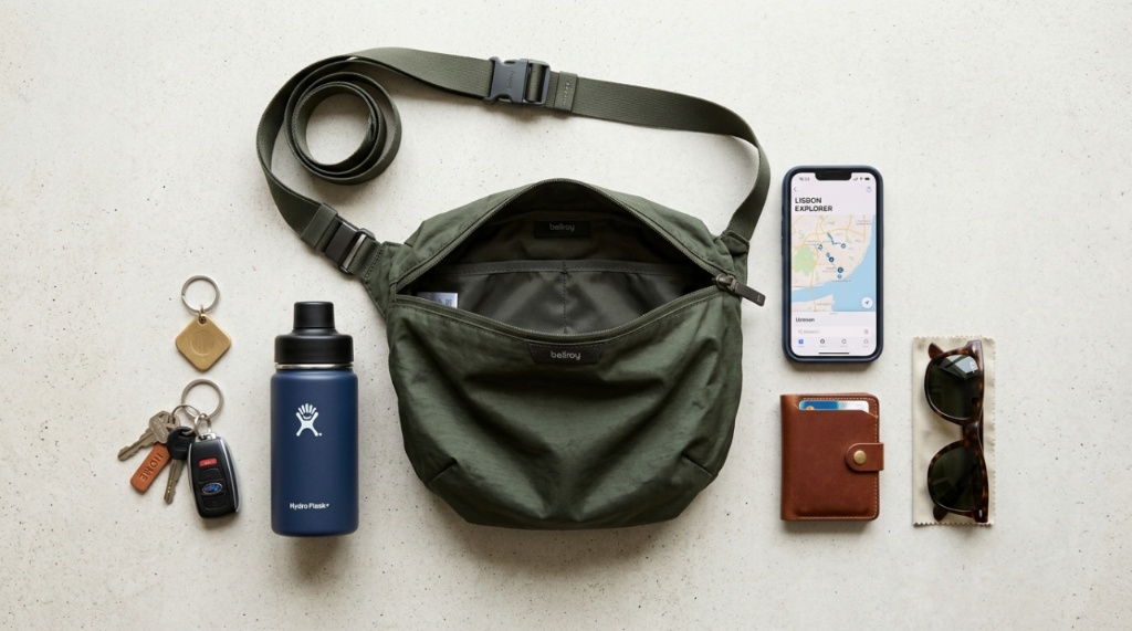 Open lightweight sling bag organized with a phone, keys, and sunglasses.