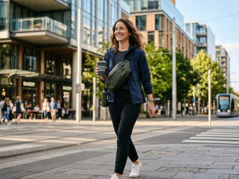 Person walking in the city wearing a compact lightweight sling bag.