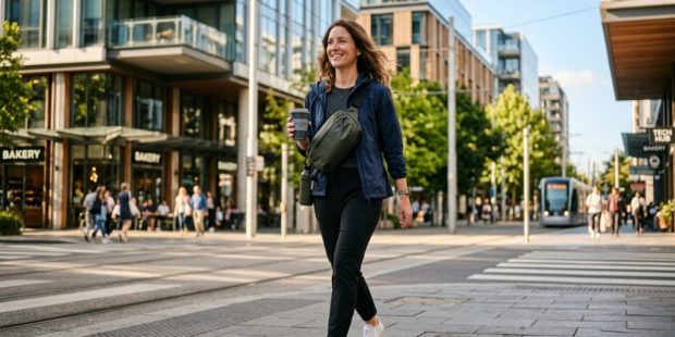 Person walking in the city wearing a compact lightweight sling bag.