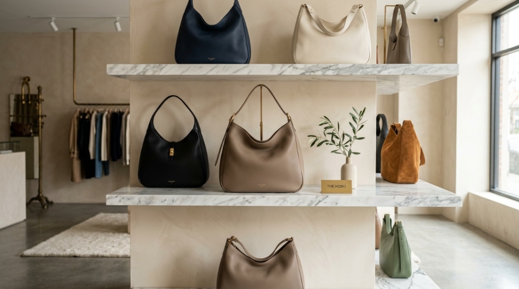 Premium designer hobo bags displayed on shelves inside a luxury California boutique.