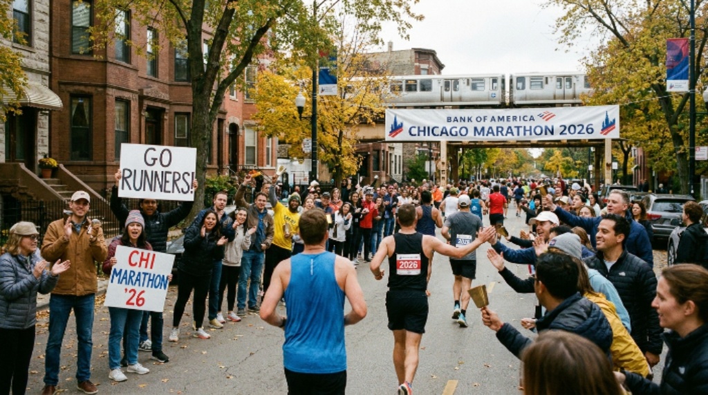Spectators cheering on runners from the sidelines of a Chicago neighborhood street during the 2026 Bank of America Chicago Marathon