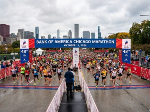 Thousands of runners crossing the start line in Grant Park at the 48th Bank of America Chicago Marathon on October 11, 2026