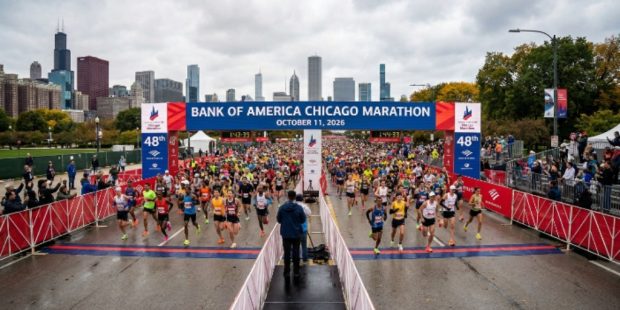 Thousands of runners crossing the start line in Grant Park at the 48th Bank of America Chicago Marathon on October 11, 2026