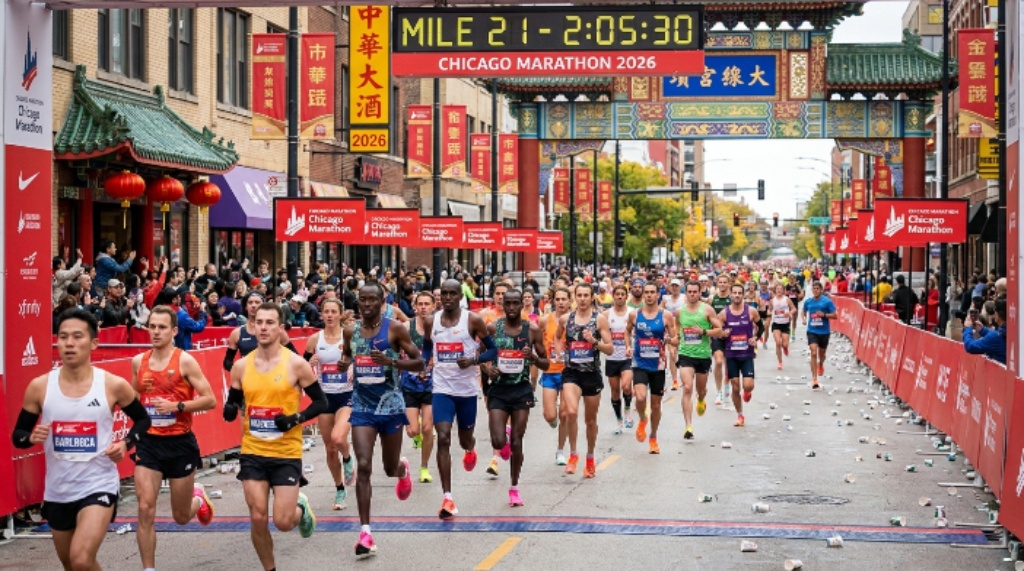 Elite athletes and amateur runners passing through the colorful streets of Chinatown during the 2026 Chicago Marathon route at mile 21