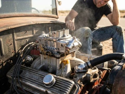 Classic hot rod engine showing carburetor inspection process