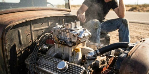 Classic hot rod engine showing carburetor inspection process