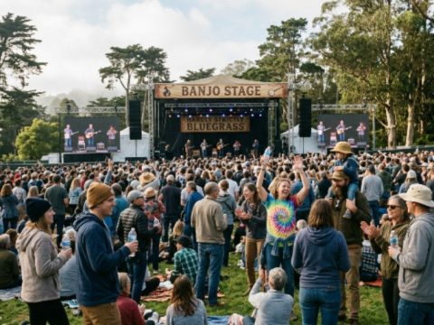 Crowd enjoying free outdoor music at Hardly Strictly Bluegrass in Golden Gate Park San Francisco