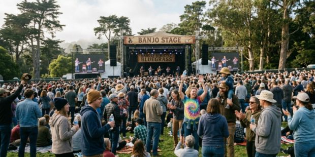 Crowd enjoying free outdoor music at Hardly Strictly Bluegrass in Golden Gate Park San Francisco