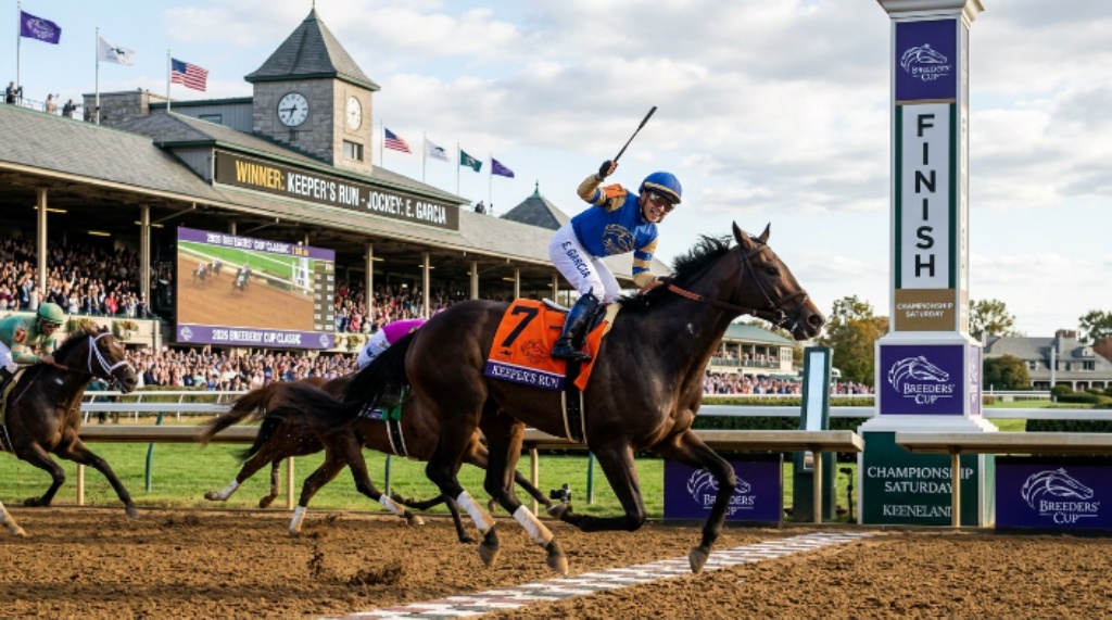 A winning jockey and Thoroughbred racehorse crossing the finish line during Championship Saturday at the 2026 Breeders' Cup at Keeneland in Lexington, Kentucky