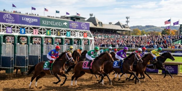 Thoroughbred racehorses breaking from the starting gate during a Grade 1 race at the Breeders' Cup 2026 World Championships at Keeneland Race Course in Lexington, Kentucky