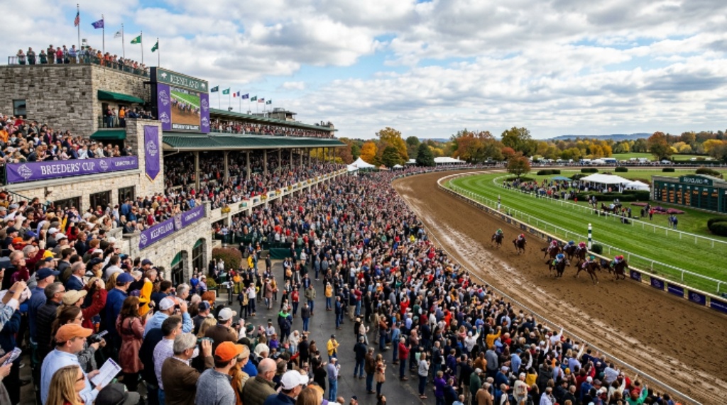 Thousands of racing fans filling the grandstand and trackside areas at Keeneland Race Course during the Breeders' Cup World Championships on October 31, 2026