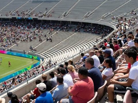 Fans cheering in the stands at an LA28 Olympic sporting event