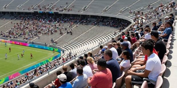 Fans cheering in the stands at an LA28 Olympic sporting event