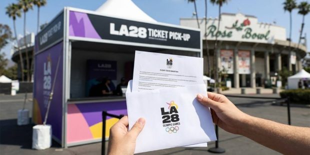Fans walking into SoFi Stadium for an Olympic event