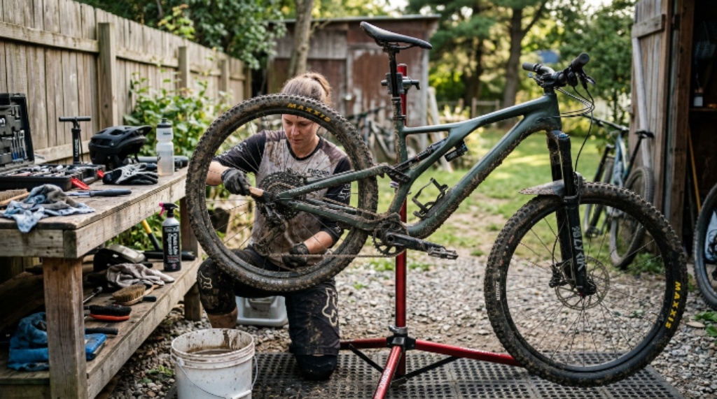 Mountain bike maintenance and inspection after a trail ride