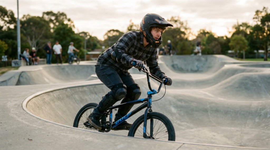 BMX rider practicing safety techniques on a bike