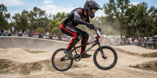 BMX rider wearing protective gear while riding