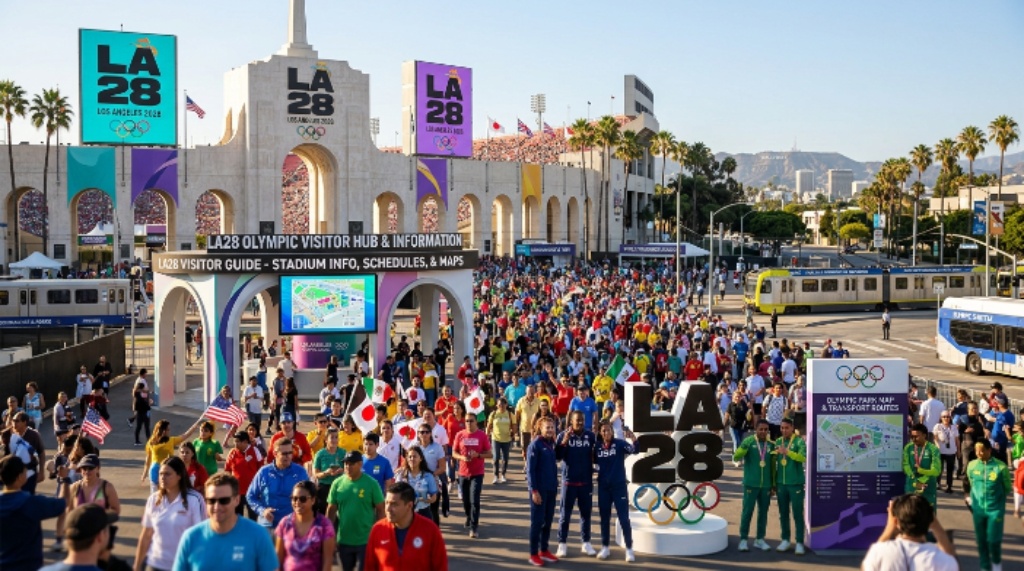 Los Angeles Olympic venue with fans, athletes, and LA28 branding representing the complete 2028 Olympics visitor guide