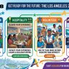 LA28 Olympics promotional banner highlighting tickets, hospitality packages, volunteer program, and latest event updates