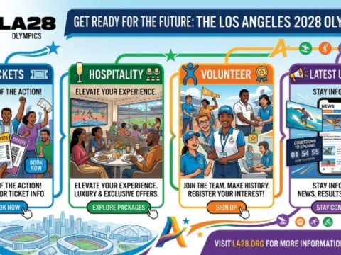 LA28 Olympics promotional banner highlighting tickets, hospitality packages, volunteer program, and latest event updates