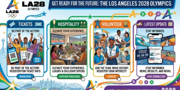 LA28 Olympics promotional banner highlighting tickets, hospitality packages, volunteer program, and latest event updates
