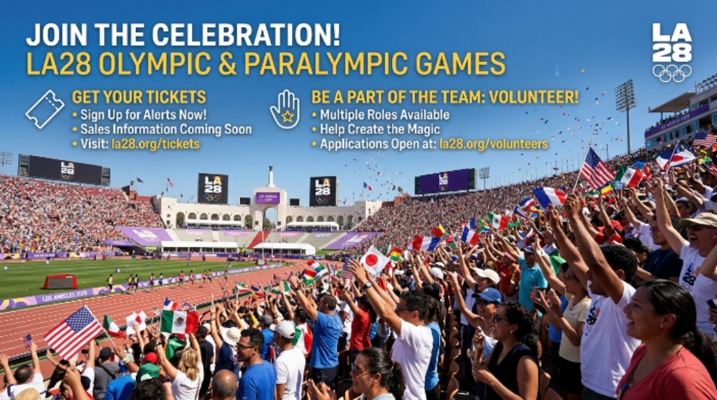 Spectators celebrating at an Olympic venue during the LA28 Games with information about tickets and volunteer opportunities