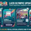 LA28 Olympics branding with updates on tickets, registration, hospitality packages, and volunteer opportunities