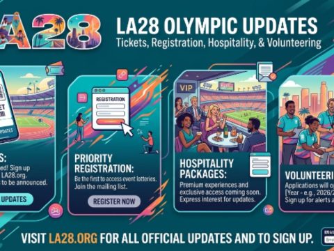 LA28 Olympics branding with updates on tickets, registration, hospitality packages, and volunteer opportunities