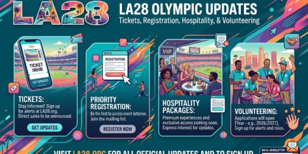 LA28 Olympics branding with updates on tickets, registration, hospitality packages, and volunteer opportunities
