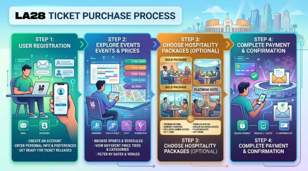 LA28 ticket purchase process showing registration, prices, and hospitality package options