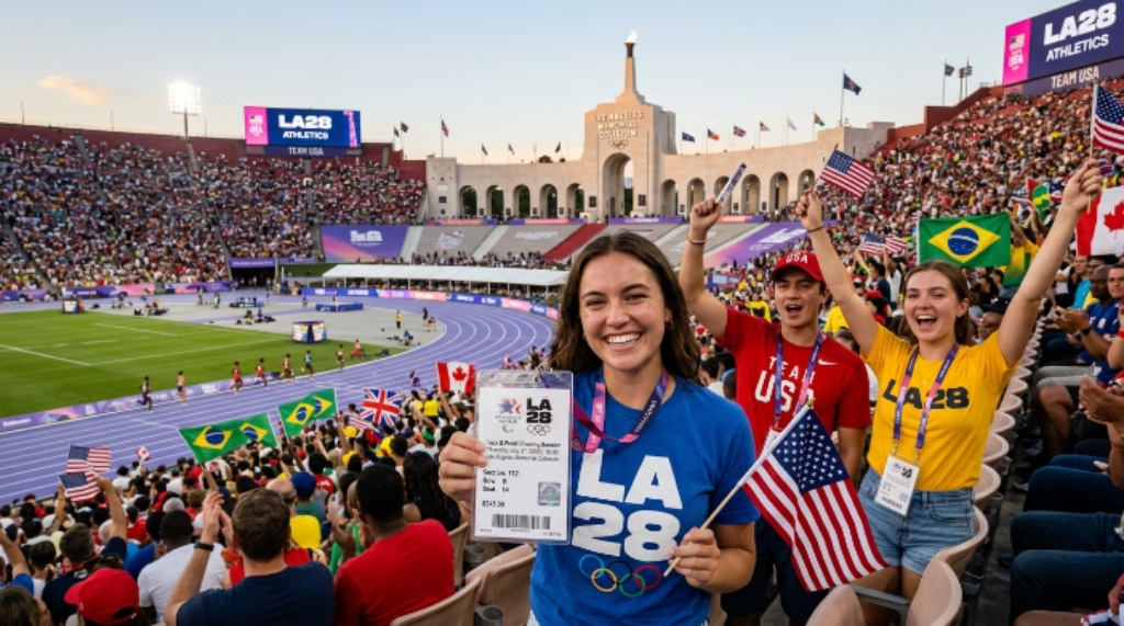 Fans attending the LA28 Olympic Games with ticket information and stadium crowd