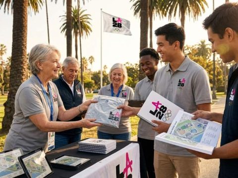 LA28 games-time volunteers smiling and giving a high five at Olympic venue