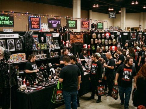 Horror convention vendor hall filled with Halloween-themed merchandise