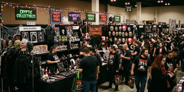 Horror convention vendor hall filled with Halloween-themed merchandise