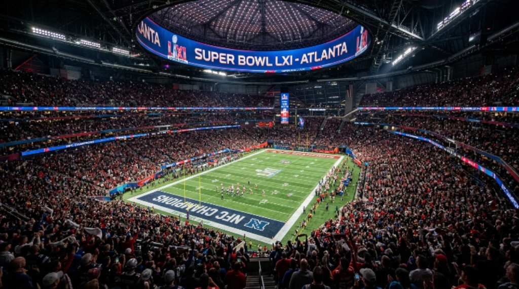 Super Bowl LXI stadium field and seating bowl at night