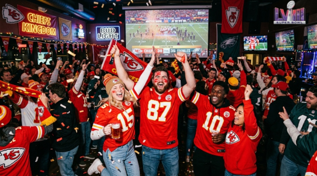 Football fans celebrating at a Super Bowl watch party