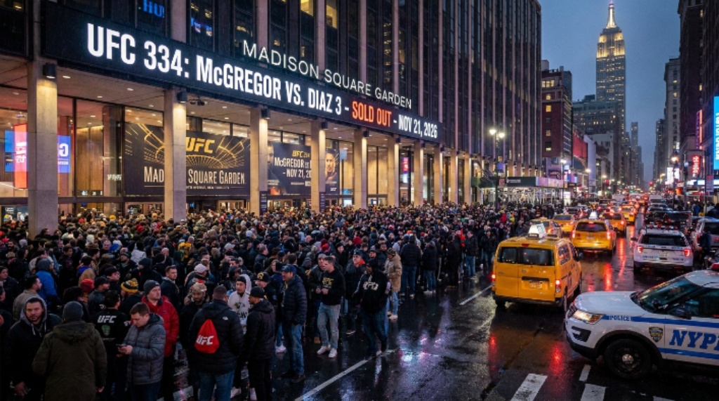 Fans entering Madison Square Garden on Seventh Avenue on a Saturday night for UFC 334 in New York City in November 2026