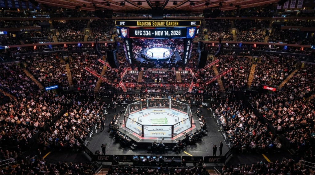 Aerial view of the UFC octagon set up on the floor of Madison Square Garden for UFC 334 on November 14 2026 in New York City