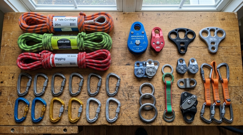 Coiled climbing ropes and rigging gear on a workbench.