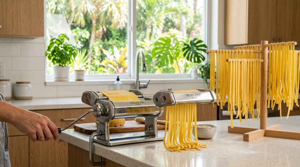 Close-up of dough rolling through a stainless steel Marcato pasta machine.