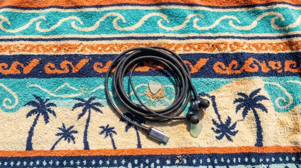 Traveler plugging USB-C earbuds into a phone outdoors.