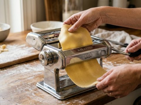 Stainless steel Marcato pasta machine with fresh noodles on a sunny Florida kitchen counter.