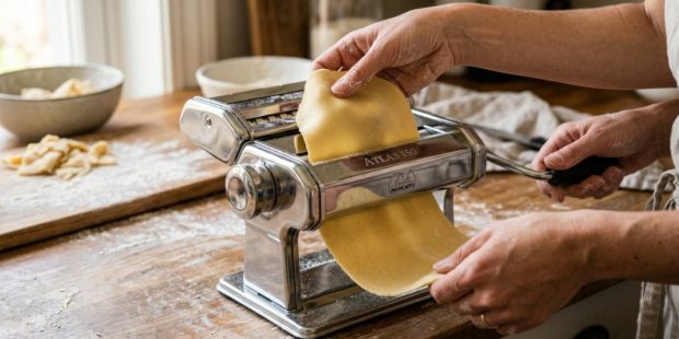 Stainless steel Marcato pasta machine with fresh noodles on a sunny Florida kitchen counter.