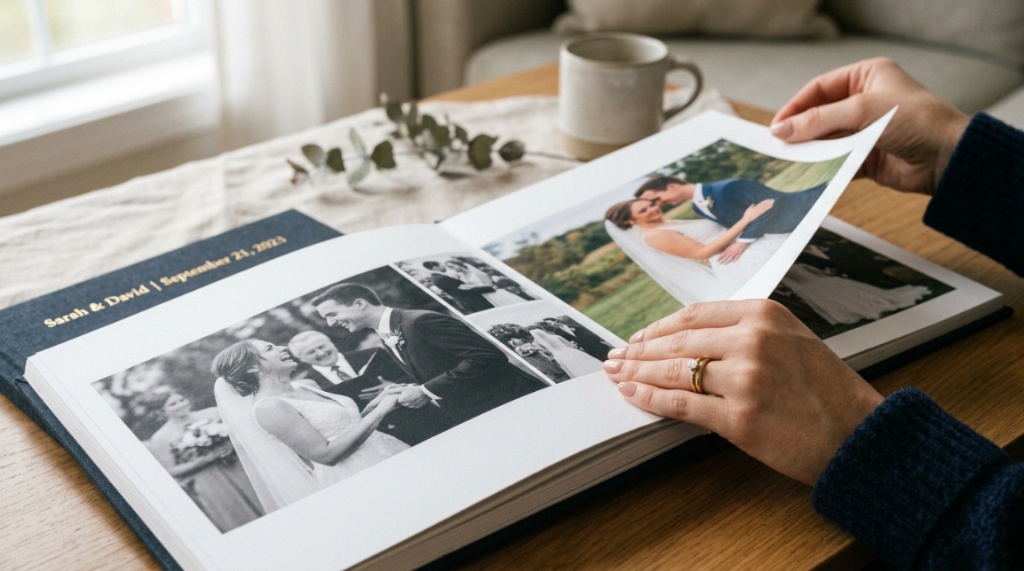 Hands turning heavy matte pages of a layflat wedding photobook.