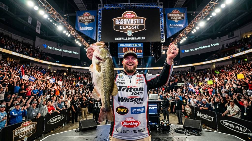 Professional bass angler holding a large bass at the Bassmaster Classic weigh-in event at Bon Secours Wellness Arena in Greenville South Carolina
