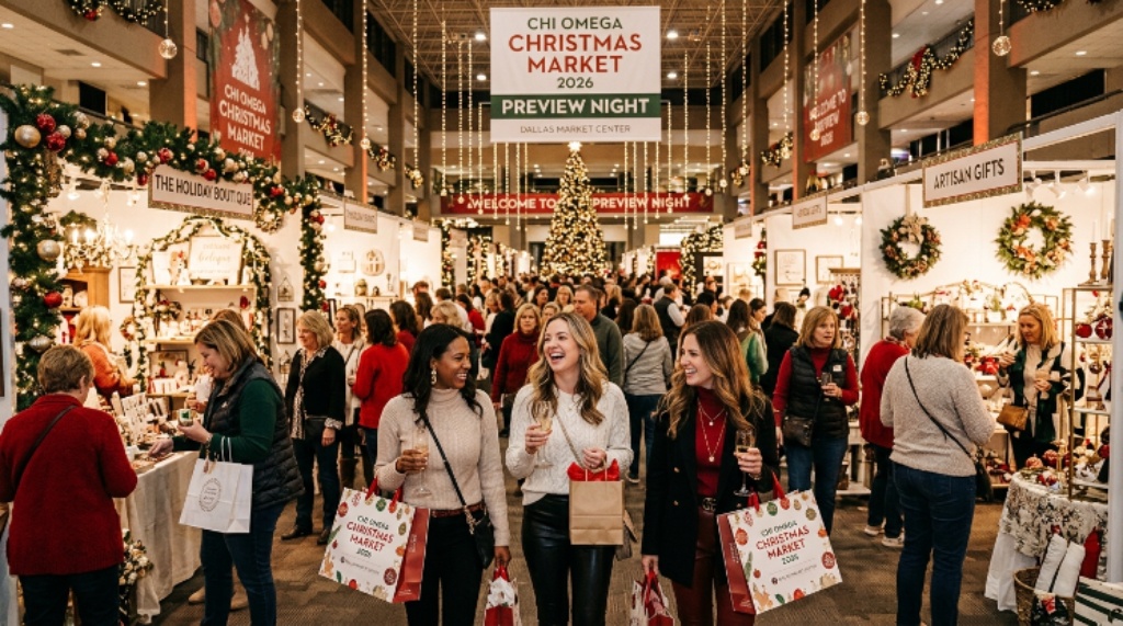 Visitors enjoying the Preview Night shopping event at the Chi Omega Christmas Market 2026 at Dallas Market Center