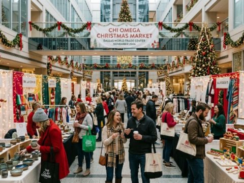 Shoppers browsing holiday vendor booths at the Chi Omega Christmas Market inside Dallas World Trade Center in November 2026